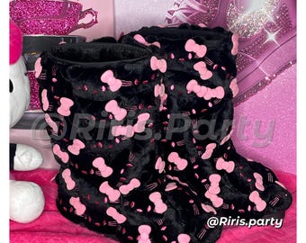 Kawaii Black Kitty Boots | Cute Winter Boots for Women | Cozy Faux Fur Boots | Pink Bow Cat Head Boots | Boutique Kawaii Footwear