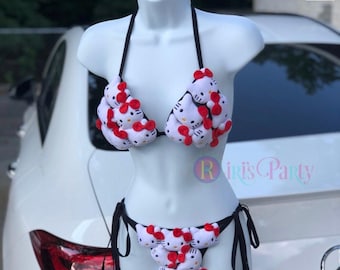 Kitty Plushie Triangle Bikini top Anime Swimsuit for Rave, festival, photo shoot, pool party, streetwear