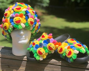 Rainbow flower BEANIE and matching SLIDES shoes STREETWEAR fashion statement trend