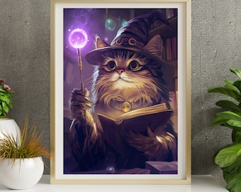 Wizard Cat Art Print: grappig Halloween-huisdecoratie (digitale download)