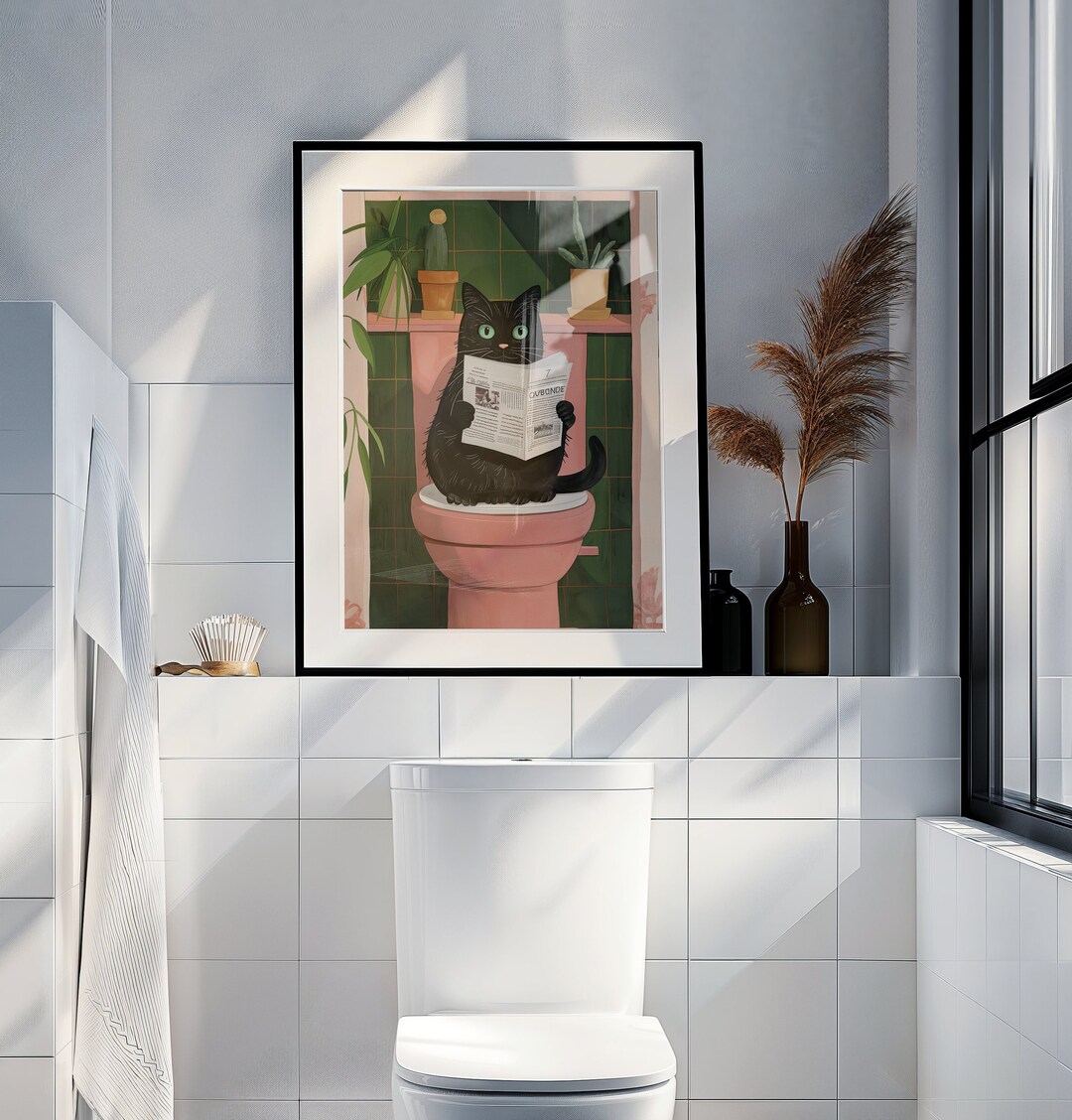 Black Cat Bathroom Wall Art, Black Cat Reading Newspaper, Funny Cat ...