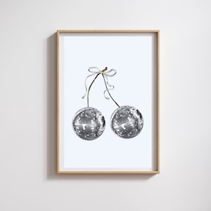 Disco Ball Print, trendige Wandkunst, Disco Cherry, Preppy Print, Retro funky Poster, Cherry Print y2k Poster, Disco Cherry, Coquette Grey Bow