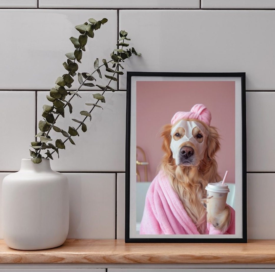 Funny Golden Retriever Bathroom Art Print: Dog Spa Day (digital