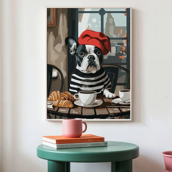 French Bulldog Cafe Print: Frenchie Drinking Coffee (digital