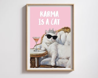Karma Is A Cat Print: Pink Preppy Music Wall Art (Digital Download)