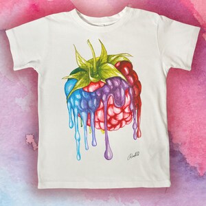 Organic T-Shirt with Watercolor Raspberry Motif - Sustainable Cotton, Hand-Drawn, Unique Gift for Kids & Creative Lovers