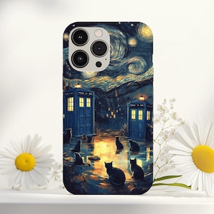 May include: A phone case featuring a stylized night scene with a starry sky, blue police boxes, and black cats. The design is reminiscent of Van Gogh's "Starry Night" painting, with a whimsical and artistic flair.