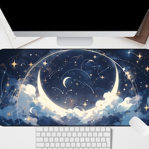 Celestial Night Sky Desk Mat Starry Golddust Cloud Deskpad Galaxy Moon Dreamy Deskmat Mystical Fantasy Anime Office Decor Laptop Gamer Gift