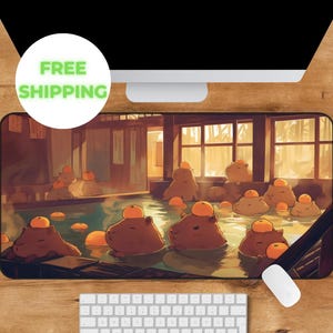 Kawaii Capybara Desk Mat Orange Onsen Japan Hot Spring Deskpad Anime Cute Capybara Aesthetic Inspiration Desk Mat Quality Keyboard Mat Office Desk Decor Anime Artistic Gift for her Work Space Laptop Mat Gaming Gift PC Setup Accessories Deskpad