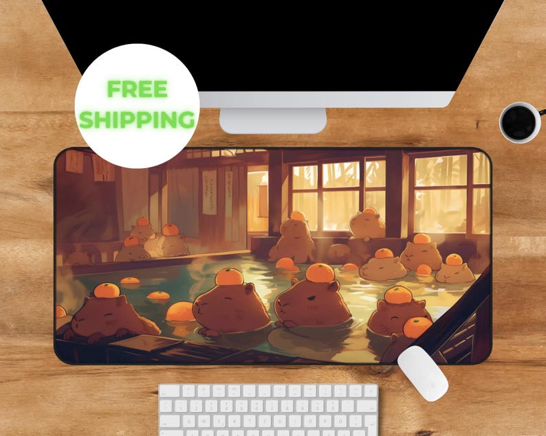 Kawaii Capybara Desk Mat Orange Onsen Japan Hot Spring Deskpad Anime Cute Capybara Aesthetic Inspiration Desk Mat Quality Keyboard Mat Office Desk Decor Anime Artistic Gift for her Work Space Laptop Mat Gaming Gift PC Setup Accessories Deskpad