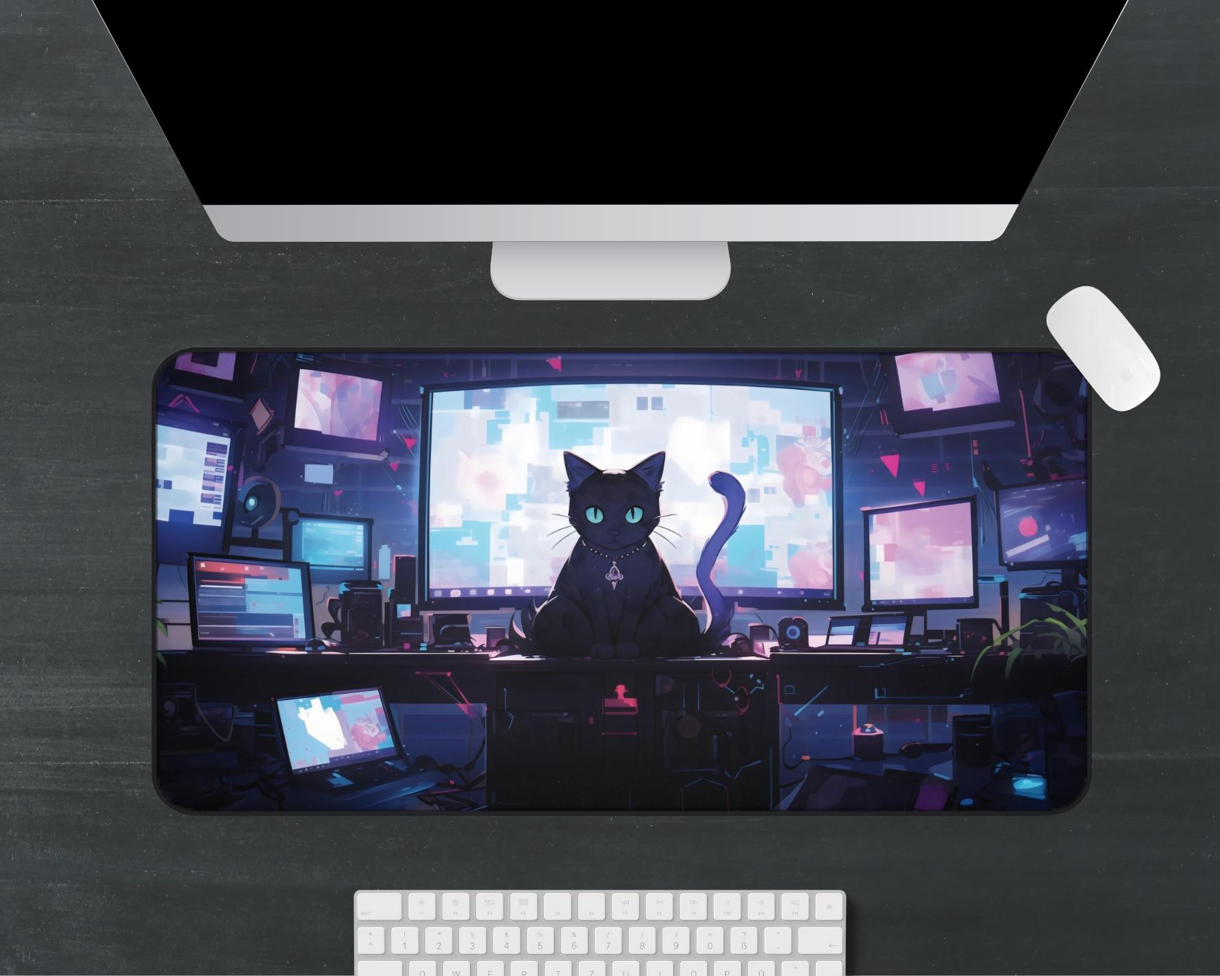 Cyber Cat Desk Mat Fantasy Cyberpunk Deskpad Vaporwave Sci-fi Cyborg ...