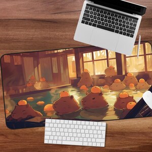 Kawaii Capybara Desk Mat Orange Onsen Japan Hot Spring Deskpad Anime Cute Capybara Aesthetic Inspiration Desk Mat Quality Keyboard Mat Office Desk Decor Anime Artistic Gift for her Work Space Laptop Mat Gaming Gift PC Setup Accessories Deskpad