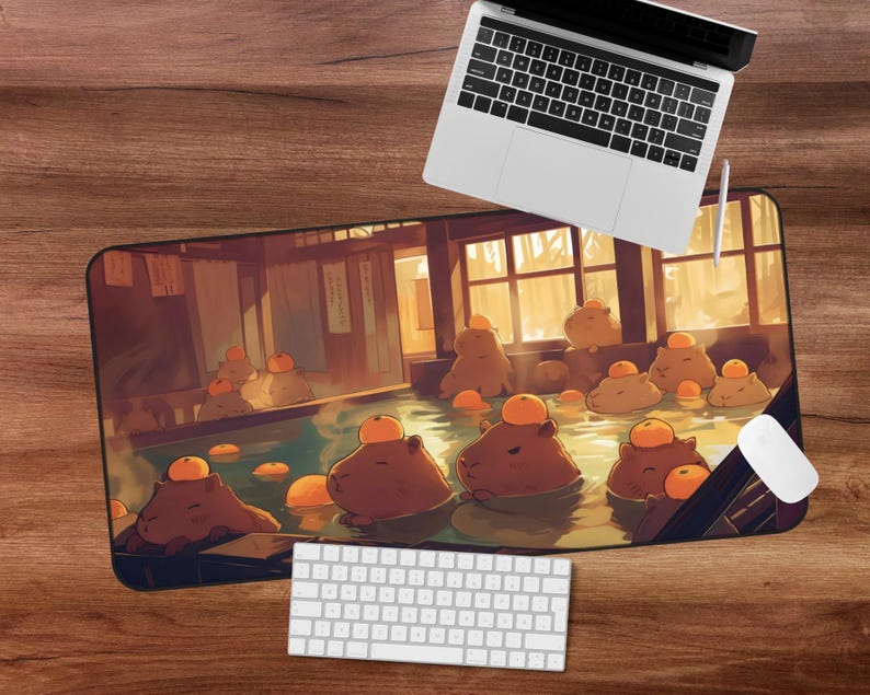 Kawaii Capybara Desk Mat Orange Onsen Japan Hot Spring Deskpad Anime Cute Capybara Aesthetic Inspiration Desk Mat Quality Keyboard Mat Office Desk Decor Anime Artistic Gift for her Work Space Laptop Mat Gaming Gift PC Setup Accessories Deskpad