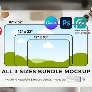 Op de afbeelding: Mockup van drie verschillende bureaumatten met een ontwerp van een groen grasveld en een blauwe lucht. De matten zijn 40,6 cm bij 81,3 cm, 30,5 cm bij 55,9 cm en 30,5 cm bij 45,7 cm. De afbeelding bevat ook een toetsenbord en een muis, en de tekst "ALL 3 SIZES BUNDLE MOCKUP including keyboard & mouse visuals, moveable".