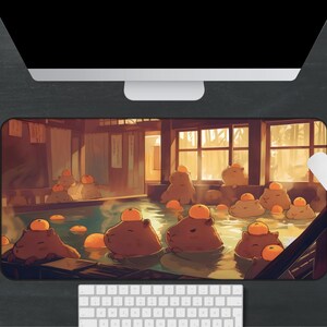 Kawaii Capybara Desk Mat Orange Onsen Japan Hot Spring Deskpad Anime Cute Capybara Aesthetic Inspiration Desk Mat Quality Keyboard Mat Office Desk Decor Anime Artistic Gift for her Work Space Laptop Mat Gaming Gift PC Setup Accessories Deskpad