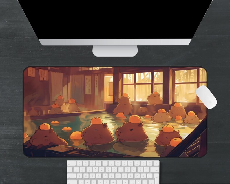 Kawaii Capybara Desk Mat Orange Onsen Japan Hot Spring Deskpad Anime Cute Capybara Aesthetic Inspiration Desk Mat Quality Keyboard Mat Office Desk Decor Anime Artistic Gift for her Work Space Laptop Mat Gaming Gift PC Setup Accessories Deskpad