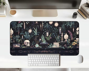 Gothic Witchy Apothecary Desk Mat Botanical Skull Potion Dark Academia Deskpad Plant Experiment Magic Deskmat Herb Study Office Game Pad