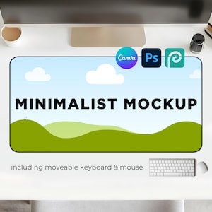 May include: A minimalist desktop mockup with a white background, a computer monitor, a keyboard, a mouse, and a green and blue landscape design with the text "MINIMALIST MOCKUP" on a black background. The text "including moveable keyboard & mouse" is below the design.