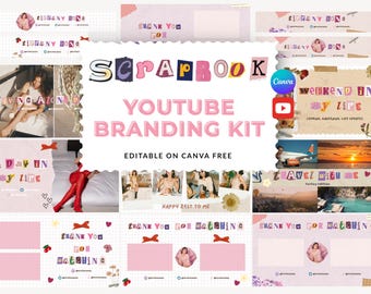 Kit de marca de YouTube con álbum de recortes en rosa y beige: banner, introducción y cierre de YouTube, plantilla de Canva editable, tema para canal de redes sociales, animación.