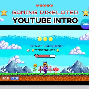 May include: A pixelated YouTube intro screen with the text "GAMING PIXELATED YOUTUBE INTRO." The screen displays a retro video game scene with a character on a bench, mountains, and clouds. The text "START WATCHING" and "TIFFGAMES" are also visible.