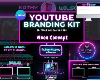 Kit de marca de YouTube neón: diseños de banner, intro y outro de YouTube / Plantilla de Canva editable / Canal de transmisión de juegos en neón rosa y azul en Twitch