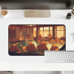 Kawaii Capybara Desk Mat Orange Onsen Japan Hot Spring Deskpad Anime Cute Capybara Aesthetic Inspiration Desk Mat Quality Keyboard Mat Office Desk Decor Anime Artistic Gift for her Work Space Laptop Mat Gaming Gift PC Setup Accessories Deskpad