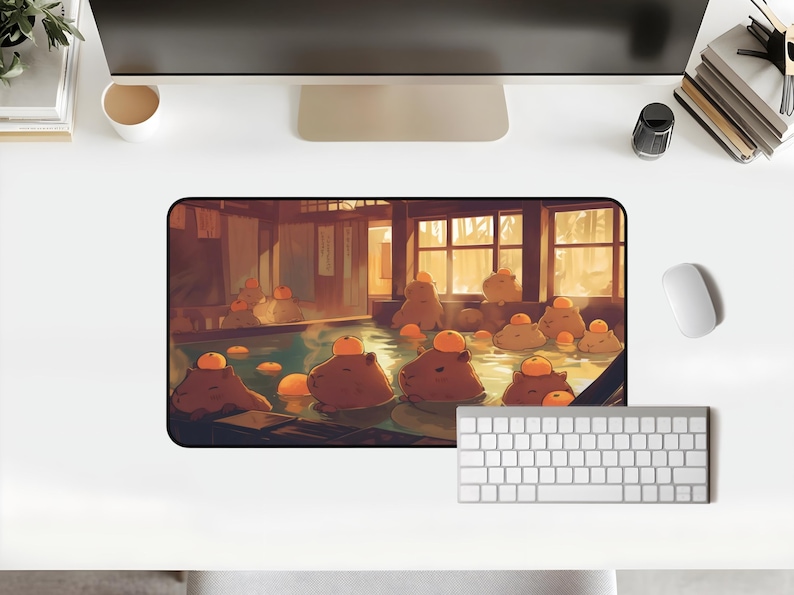 Kawaii Capybara Desk Mat Orange Onsen Japan Hot Spring Deskpad Anime Cute Capybara Aesthetic Inspiration Desk Mat Quality Keyboard Mat Office Desk Decor Anime Artistic Gift for her Work Space Laptop Mat Gaming Gift PC Setup Accessories Deskpad