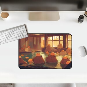 Kawaii Capybara Desk Mat Orange Onsen Japan Hot Spring Deskpad Anime Cute Capybara Aesthetic Inspiration Desk Mat Quality Keyboard Mat Office Desk Decor Anime Artistic Gift for her Work Space Laptop Mat Gaming Gift PC Setup Accessories Deskpad