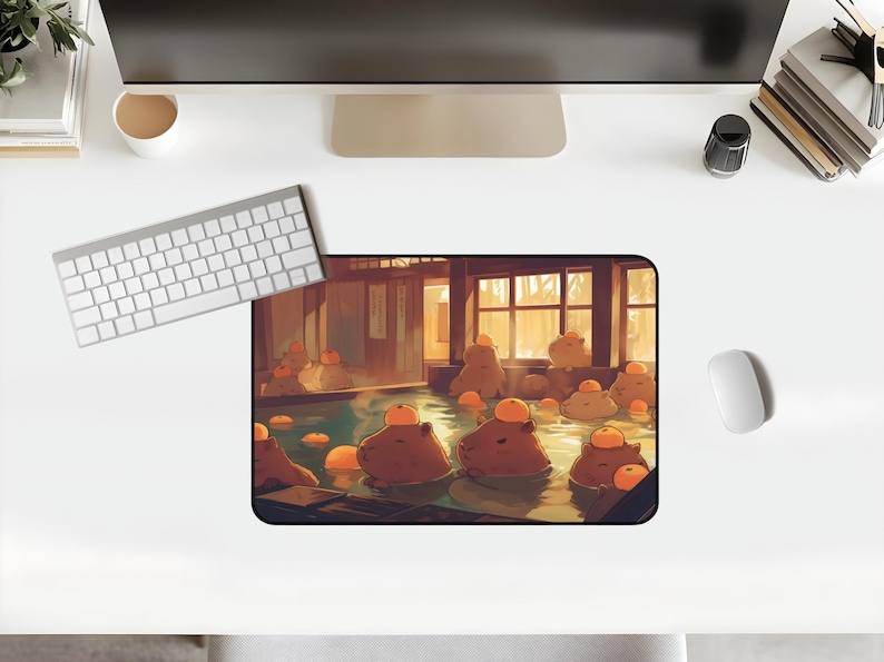 Kawaii Capybara Desk Mat Orange Onsen Japan Hot Spring Deskpad Anime Cute Capybara Aesthetic Inspiration Desk Mat Quality Keyboard Mat Office Desk Decor Anime Artistic Gift for her Work Space Laptop Mat Gaming Gift PC Setup Accessories Deskpad