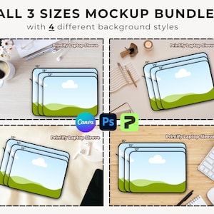May include: Mockup bundle of three sizes of laptop sleeves with a landscape design. The sleeves are shown on four different backgrounds: a white surface with a coffee cup, a wooden surface with a pencil, a white surface with a tablet, and a wooden surface with a keyboard. The sleeves are labelled "Printify Laptop Sleeve" and the sizes are 15", 13", and 12".