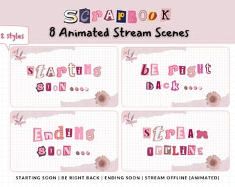 Scrapbook Stream Scenes Animated Twitch Overlay - Start, Be right back, Ending, Offline | Pink Purple Cute Aesthetic OBS Banner Pack Screens