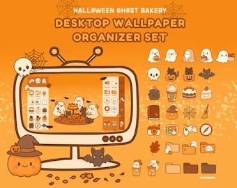 Halloween Bäckerei Desktop Wallpaper Organizer Set Thema | Icons anpassbar | Geist Herbst Herbst Kürbis Spooky Kuchen Dessert Cute Wallpaper