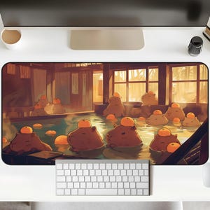 Kawaii Capybara Desk Mat Orange Onsen Japan Hot Spring Deskpad Anime Cute Capybara Aesthetic Inspiration Desk Mat Quality Keyboard Mat Office Desk Decor Anime Artistic Gift for her Work Space Laptop Mat Gaming Gift PC Setup Accessories Deskpad