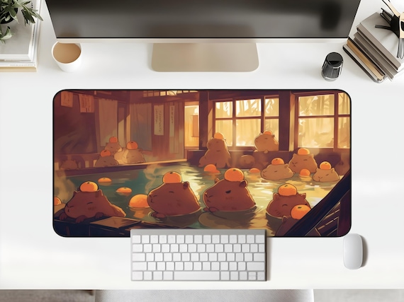 Kawaii Capybara Desk Mat Cozy Hot Spring Deskpad Cute Capybara Bath Desk Mat Anime Japan Aesthetic Computer Office Decor Laptop Gamer Gift