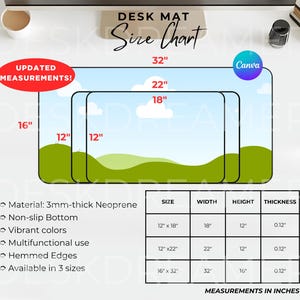 May include: A size chart for a desk mat made of 3mm thick neoprene. The chart shows three sizes: 12" x 18", 12" x 22", and 16" x 32". The mat is available in vibrant colours and has a non-slip bottom, hemmed edges, and is multifunctional.