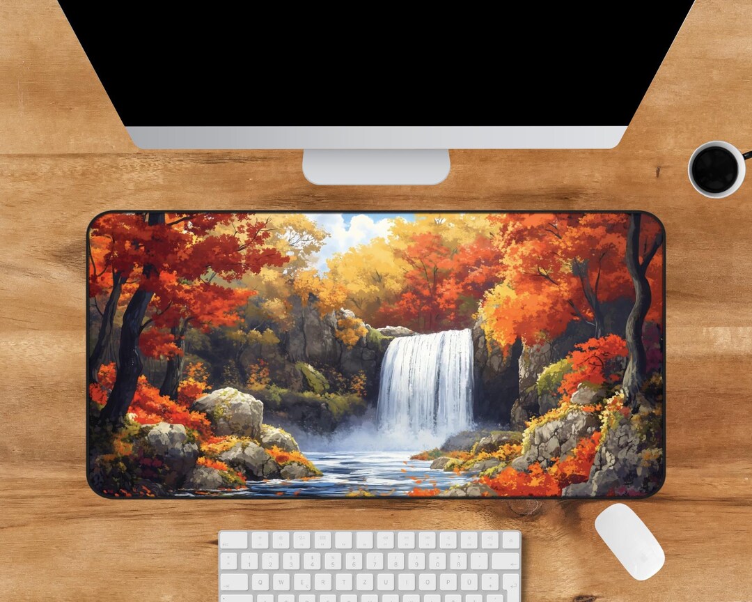 Autumn Waterfall Desk Mat Nature Forest Deskpad Landscape Scenic ...