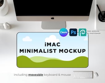 ミニマリストiMacデスクマットモックアップCanva PSD Photopea特大マウスパッド美的16x32デスクパッドモックアップCanva PSDスマートオブジェクトクリーンで洗練された