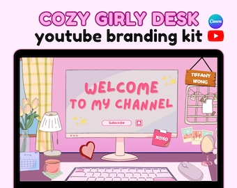 Cozy Girly Desk YouTube Branding Kit - 2D Animation Illustration Coquette YouTube Banner Intro Outro | Edit Canva Template | Social Channel