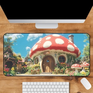 Bonita alfombrilla de escritorio con diseño de casa de setas, cuento de hadas, fantasía, anime, cottagecore, naturaleza, para oficina, decoración estética, portátil, juego de ordenador, regalo