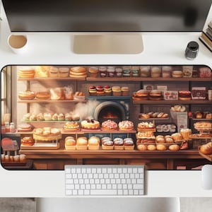 May include: A colorful illustration of a bakery storefront with shelves full of pastries, cakes, and breads. The bakery is lit by a warm, golden light.