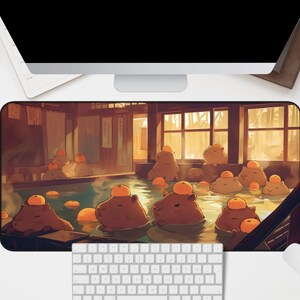 Kawaii Capybara Desk Mat Orange Onsen Japan Hot Spring Deskpad Anime Cute Capybara Aesthetic Inspiration Desk Mat Quality Keyboard Mat Office Desk Decor Anime Artistic Gift for her Work Space Laptop Mat Gaming Gift PC Setup Accessories Deskpad