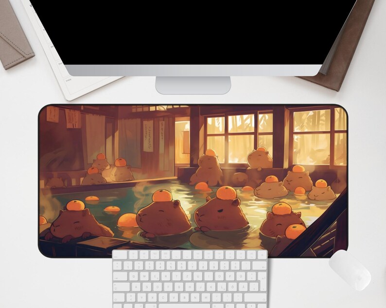 Kawaii Capybara Desk Mat Orange Onsen Japan Hot Spring Deskpad Anime Cute Capybara Aesthetic Inspiration Desk Mat Quality Keyboard Mat Office Desk Decor Anime Artistic Gift for her Work Space Laptop Mat Gaming Gift PC Setup Accessories Deskpad