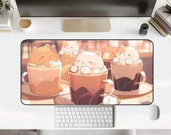 Cute Cat Coffee Desk Mat Cat Mug Lofi Cozy Deskpad Kawaii Cat Coffee Cafe Shop Deskmat Anime Japan Aesthetic Office Decor Laptop Gamer Gift