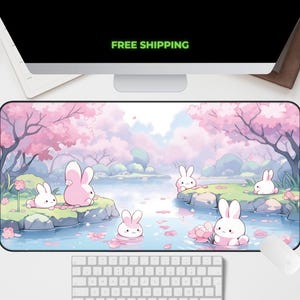 Kawaii Bunny Pastel Desk Mat Nature Scenery Pond Cherry Blossom Deskpad Sakura Fantasy Chibi Aesthetic Office Decor Laptop Mat Gamer Gift
