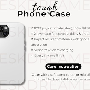 Peut inclure: Une coque de téléphone blanche avec un objectif d'appareil photo noir. La coque est en polycarbonate et TPU et est conçue pour être résistante aux chocs. Elle prend également en charge la charge sans fil et a une finition brillante et mate. Le texte sur l'image indique : "tough Phone Case", "100% polycarbonate (shell), 100% TPU (lining)", "2-layer case for extra durability & protection", "Impact resistant materials with good shock absorption", "Supports wireless charging", "Glossy & Matte finish", "Care Instruction", "Clean with a soft damp cotton or microfiber cloth (add a drop of dish soap if needed)."