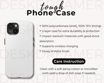 頑丈な携帯電話ケースのモックアップ、製品機能の詳細モックアップ、携帯電話のお手入れマニュアルのiPhoneケースのモックアップサイズ表、Printify POD WOYC