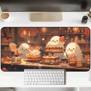 May include: A whimsical mouse-themed mousepad featuring four adorable white mice enjoying a variety of cakes and pastries in a cozy, dimly lit bakery setting. The mousepad has a brown wooden counter with a variety of cakes and pastries, and a warm, inviting atmosphere.