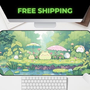 Alfombrilla de escritorio con diseño de rana kawaii, bonita alfombrilla de escritorio con dibujos de naturaleza, animales pastel, selva tropical, rana chibi, decoración de oficina, alfombrilla para portátil, regalo para gamer