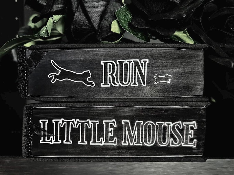 May include: Two stacked black books with white text and graphics on the spines. The top spine features a cat silhouette, the word RUN, and a small mouse silhouette. The bottom spine features the text LITTLE MOUSE in a bold, outlined font.