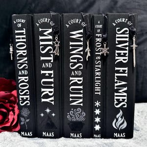 ACOTAR series rebind, A Court of Thrones and Roses by Sarah J. Maas, custom editions with stenciled & painted edges, charms, and end-pages